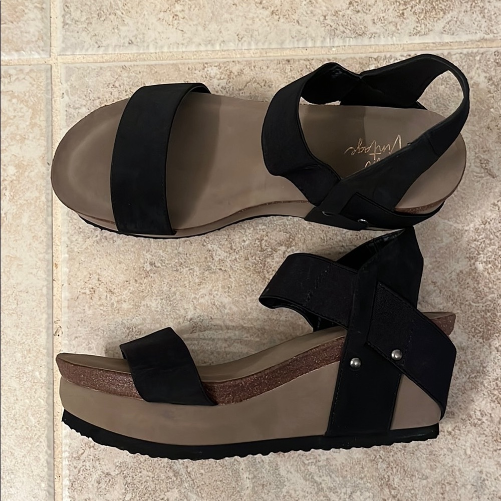 Crown Vintage Black Wedge Sandals with elastic Straps